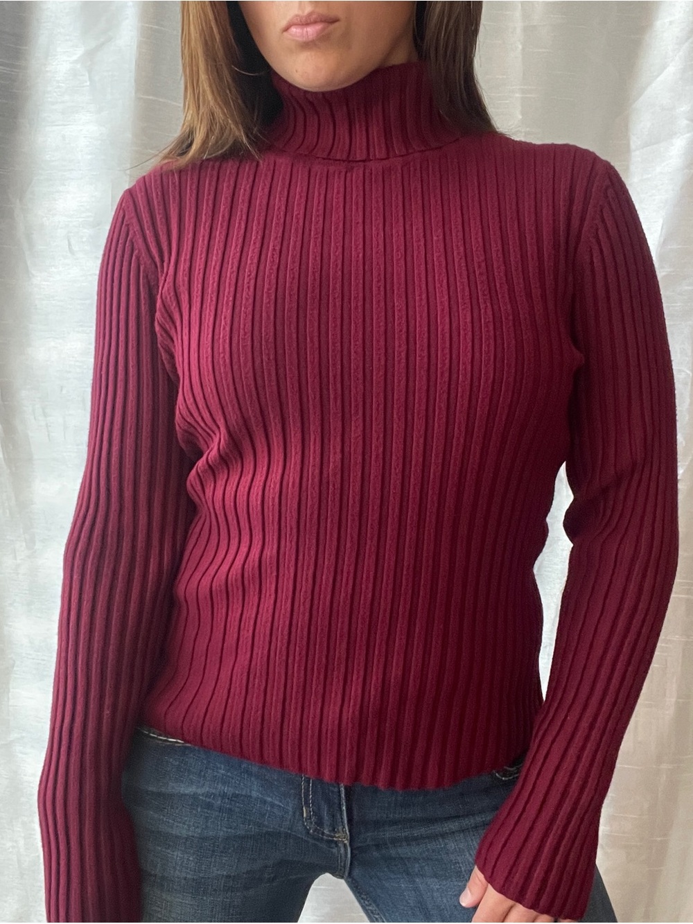 Y2K Fitted Turtleneck Sweater Women's Medium Burgundy Red Ribbed Preppy Academia